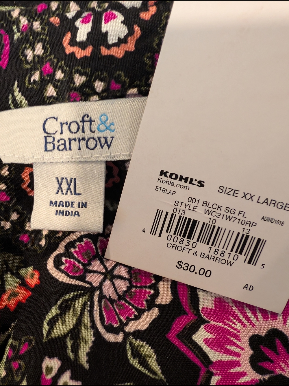 croft & barrow Black Floral Button-Down Shirt with Pink & Green Accents - Picture 2 of 6